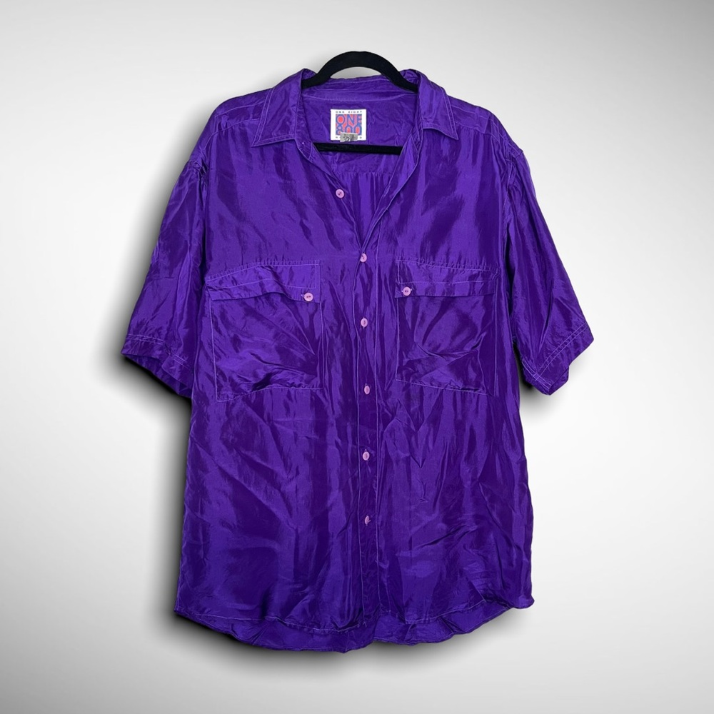 vintage 100% silk men’s button down short sleeve shirt in purple sz M oversized - Picture 1 of 5